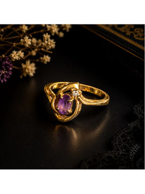 Vintage Taiwan Gold Tone Amethyst Bypass Ring Size 7.25 1980s